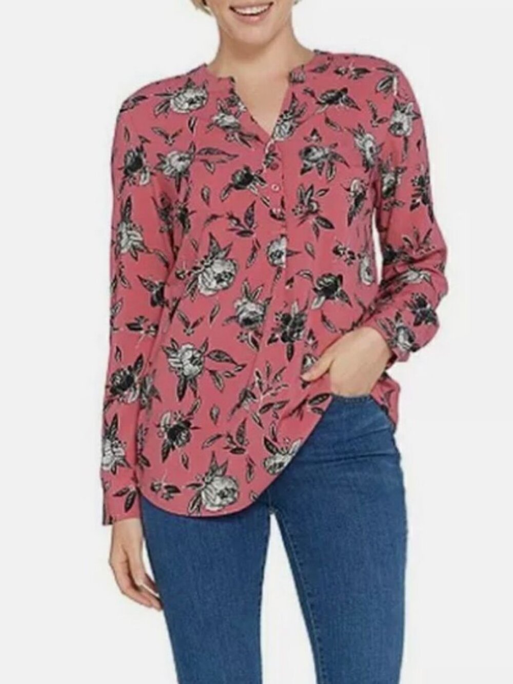 Denim & Co. Floral Print Split Y-Neck Top
